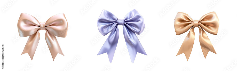 Three satin bows in different colors, each tied with a perfect loop, are arranged in a row.
Three satin bows in different colors, each tied with a perfect loop, are arranged in a row.