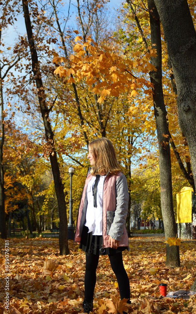 beautiful girl on a walk in the autumn park. the child is happy, having fun, smiling. From above, yellow maple leaves fly onto the girls head. active lifestyle and outdoor walks beautiful girl on a walk in the autumn park. the child is happy, having fun, smiling. From above, yellow maple leaves fly onto the girls head. active lifestyle and outdoor walks