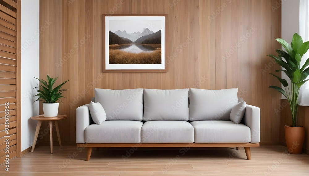 Interior mockup In a white room a blue sofa is placed next to a photo frame on the wall Interior mockup In a white room a blue sofa is placed next to a photo frame on the wall