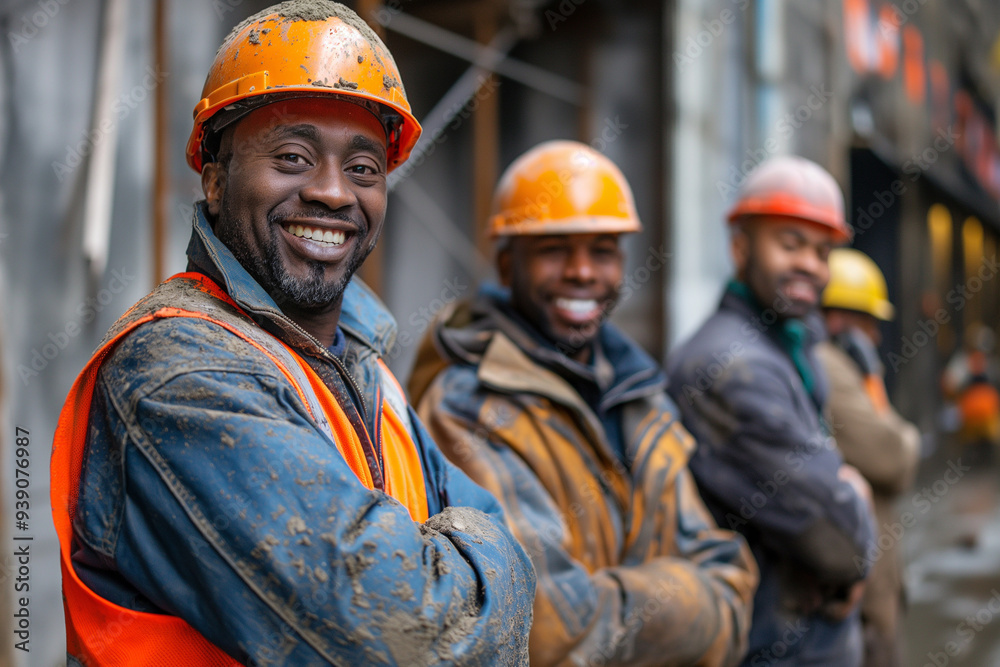Group of construction workers smiling at a small construction site. Labor day Group of construction workers smiling at a small construction site. Labor day