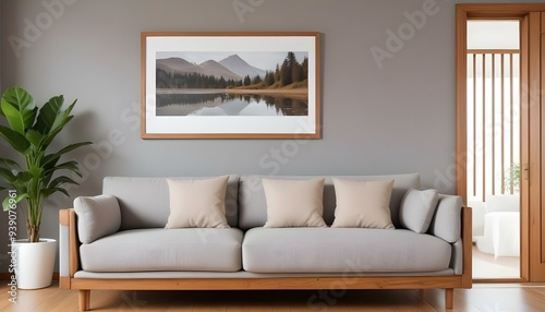 Interior mockup In a white room a blue sofa is placed next to a photo frame on the wall