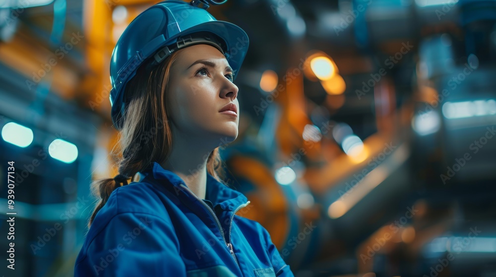 Factory worker in blue safety gear among modern machinery, highlighted by dynamic lighting Factory worker in blue safety gear among modern machinery, highlighted by dynamic lighting