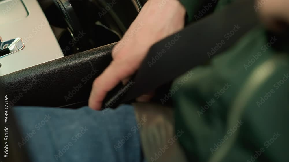 Close-up shot of a person in a car unfastening their seat belt, focusing on the hand releasing the belt Close-up shot of a person in a car unfastening their seat belt, focusing on the hand releasing the belt