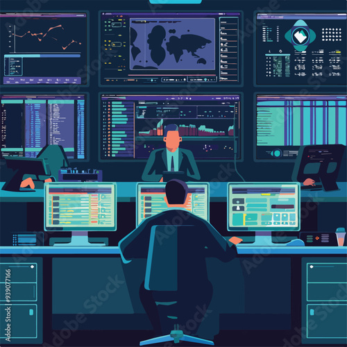 Cybersecurity Operation Center Team Monitoring Global Network Security Cyberattack Threat Detection Data Analysis Digital Forensics Incident Response Illustration