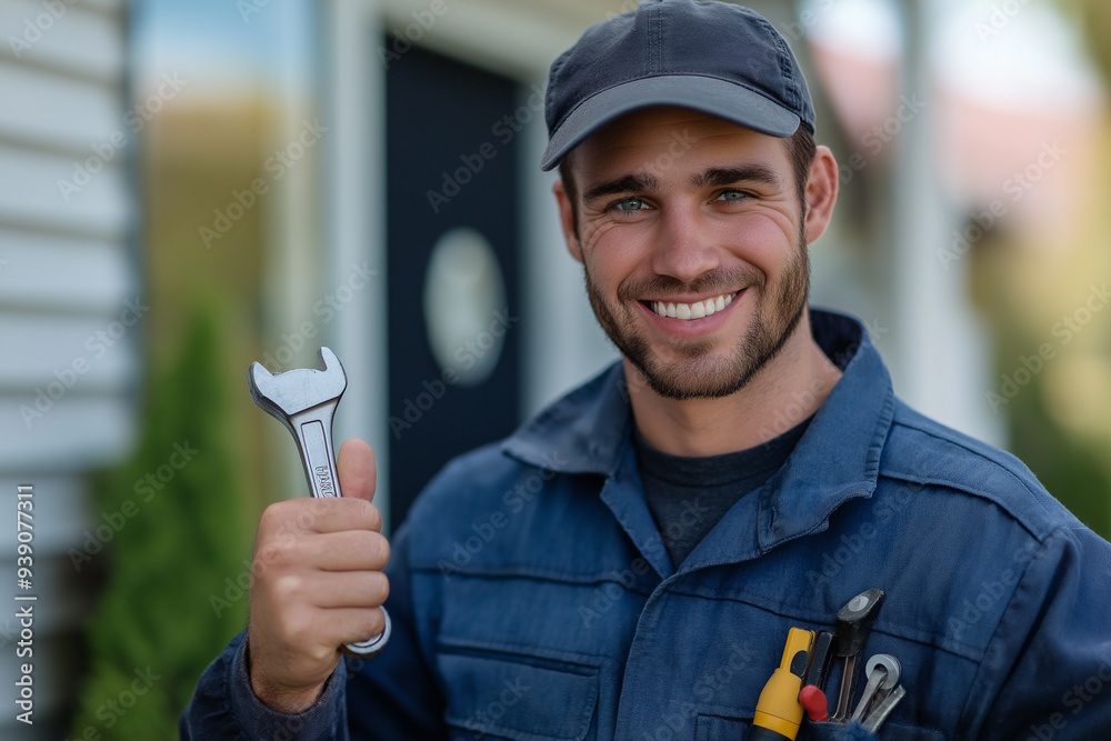 A happy handyman holds a wrench in one hand and a thumbs-up in the other A happy handyman holds a wrench in one hand and a thumbs-up in the other