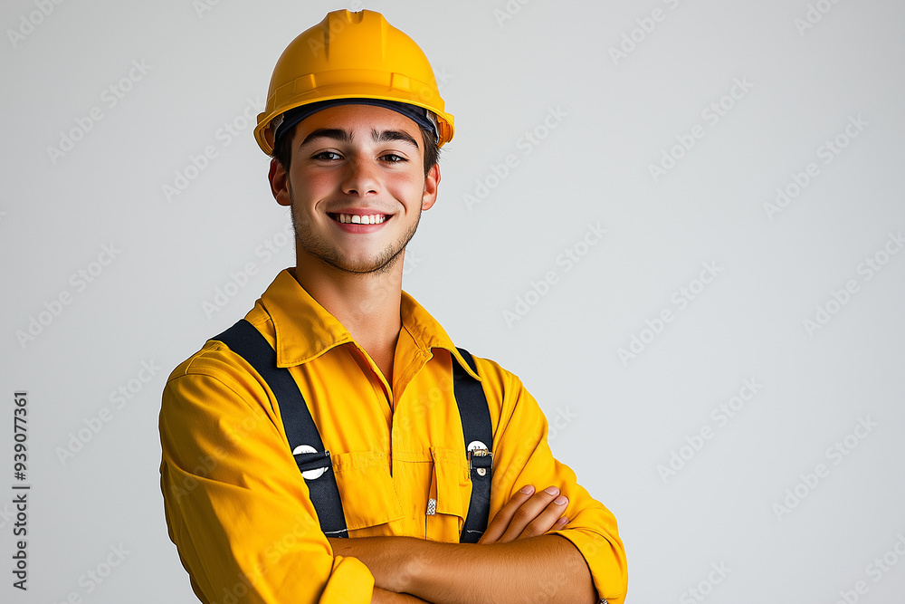 Construction or industrial worker standing with arms crossed and wearing a hard hat Construction or industrial worker standing with arms crossed and wearing a hard hat