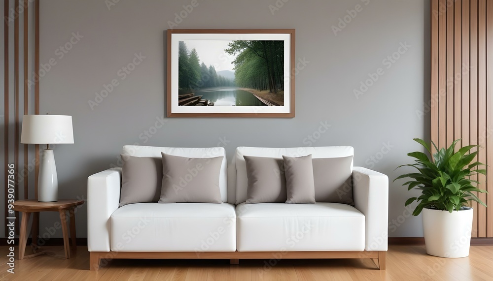 Interior mockup In a white room a blue sofa is placed next to a photo frame on the wall Interior mockup In a white room a blue sofa is placed next to a photo frame on the wall