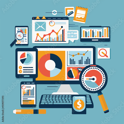 Digital marketing business strategy with computer analytics data website SEO SEM traffic analysis social media content marketing research development planning brainstorming teamwork startup company