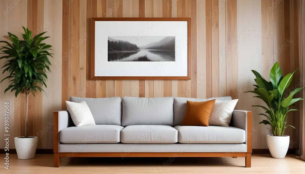 Interior mockup In a white room a blue sofa is placed next to a photo frame on the wall Interior mockup In a white room a blue sofa is placed next to a photo frame on the wall