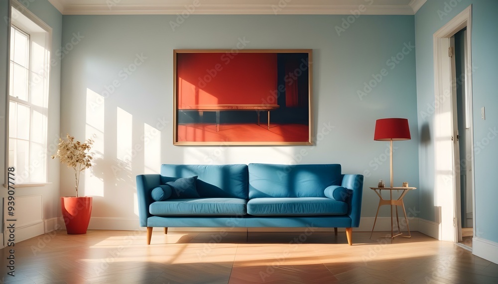 Interior mockup In a white room a blue sofa is placed next to a photo frame on the wall Interior mockup In a white room a blue sofa is placed next to a photo frame on the wall
