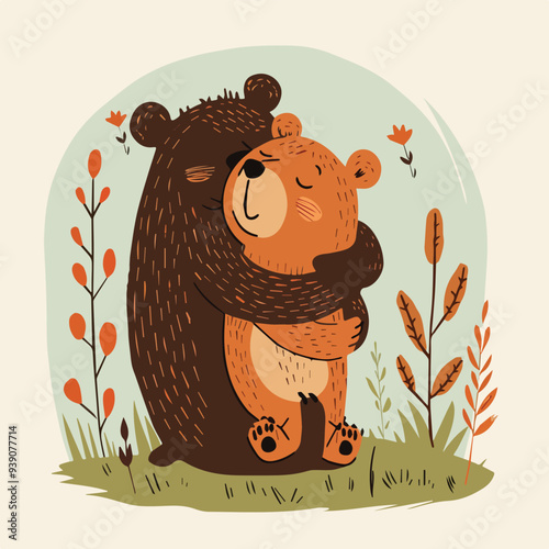 Two Bears Hugging Love Family Animals Wildlife Illustration Childrens Illustration Cute Cartoon Forest Woodland Nature Outdoors Mother Baby Cub Bonding Affectionate Warmth Tenderness