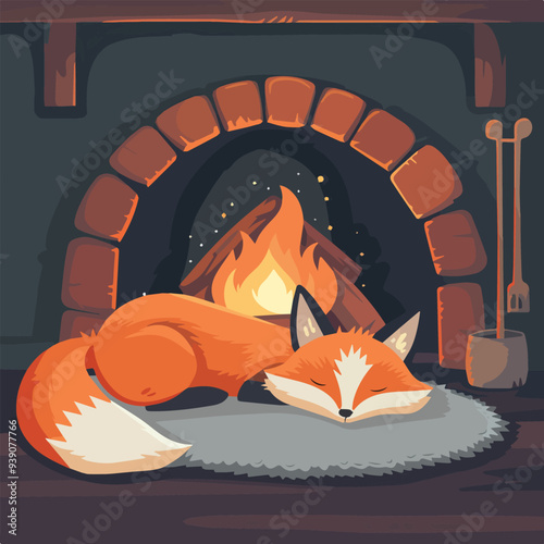 Cute fox sleeping fireplace winter cozy warm animal illustration background digital art graphic design cozy home decor cozy vibes sleep time resting relaxing peaceful serene tranquilit