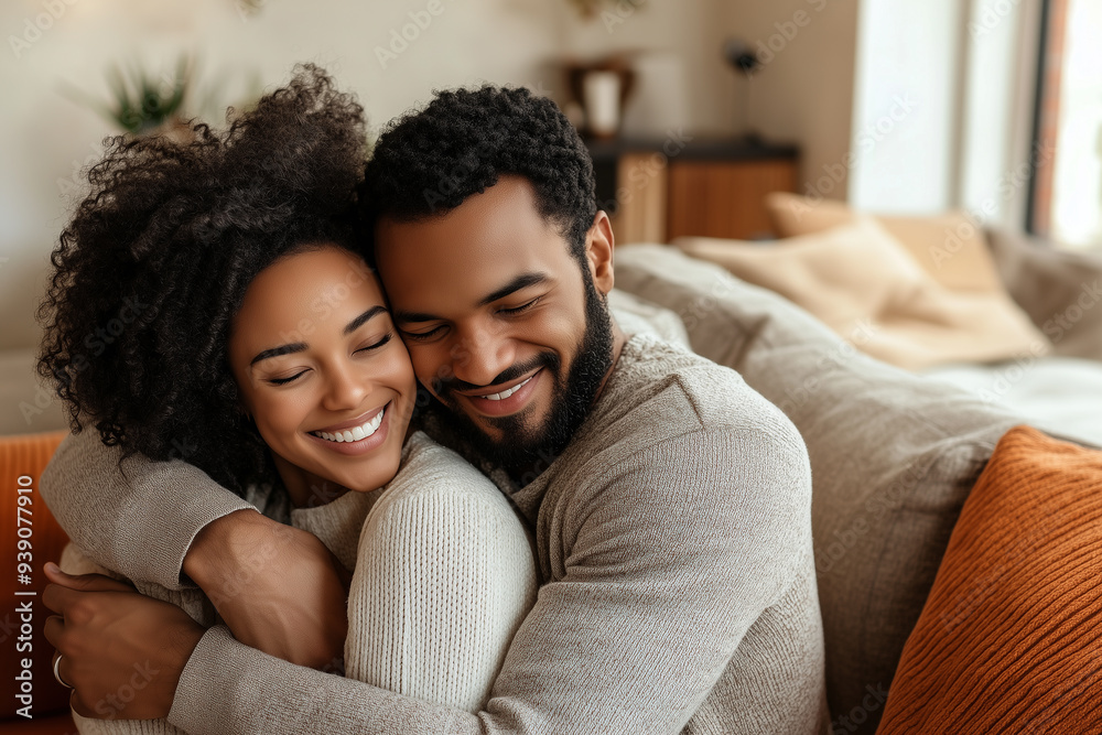 Happy couple hug with love and tenderness on sofa. Man and woman smiling and enjoying time at home Happy couple hug with love and tenderness on sofa. Man and woman smiling and enjoying time at home