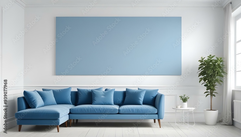 Interior mockup In a white room a blue sofa is placed next to a photo frame on the wall