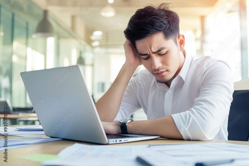 Stressed Asian businessman feeling tired and headache. Problems in the workplace, overwork concept Stressed Asian businessman feeling tired and headache. Problems in the workplace, overwork concept