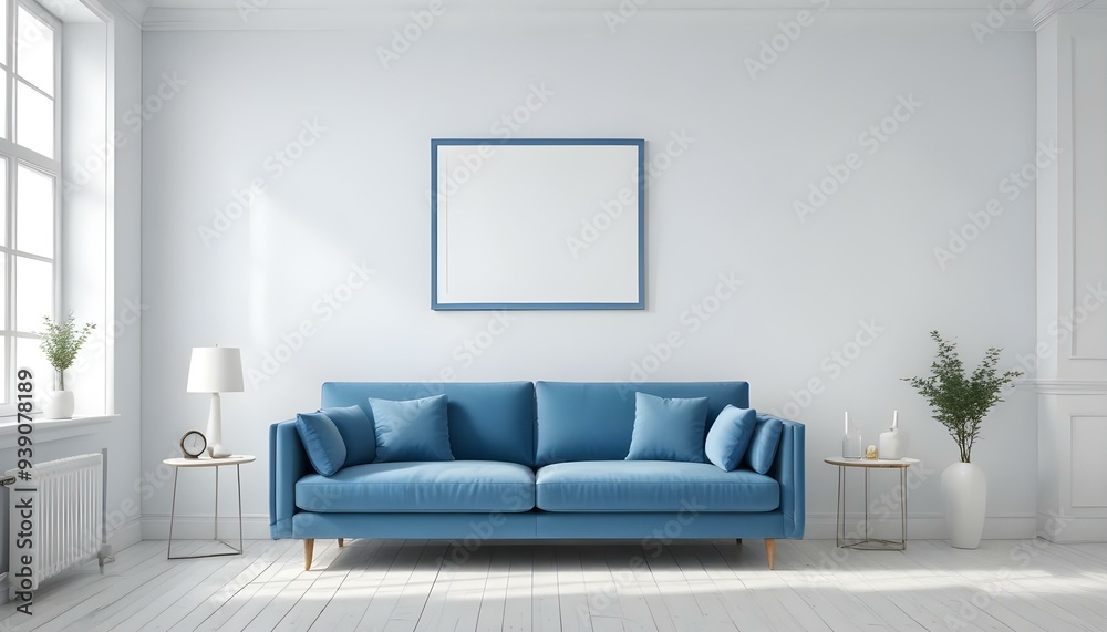 Interior mockup In a white room a blue sofa is placed next to a photo frame on the wall Interior mockup In a white room a blue sofa is placed next to a photo frame on the wall