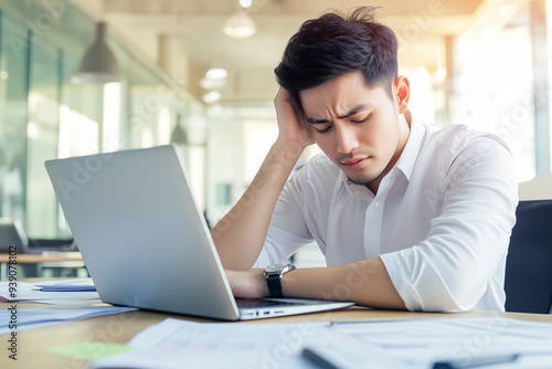 Stressed Asian businessman feeling tired and headache. Problems in the workplace, overwork concept
