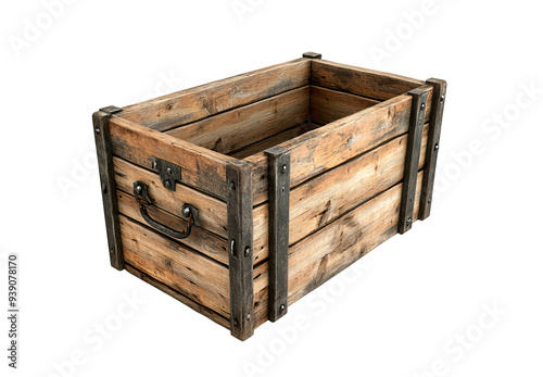 A rustic wooden crate with metal accents sits empty on a transparent background.