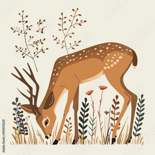 Young deer buck grazing meadow wildlife forest animal nature illustration fauna wild stag antlers woodland stag male deer mammal cute drawing graphic hand drawn design element isolated icon logo