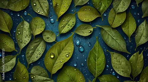 wallpaper representing a pattern of leaves with water droplets above. Hipper realistic image. generative.ai photo