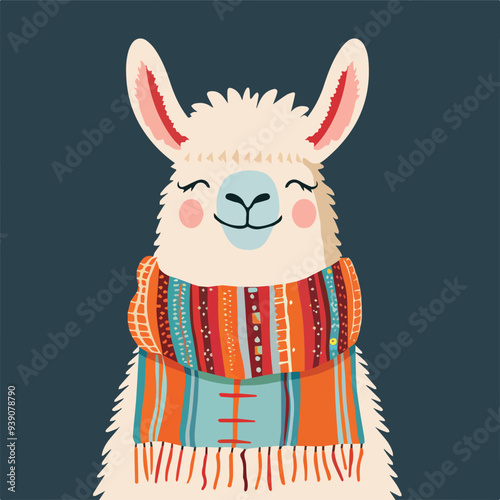Cute Llama Alpaca Wearing Scarf Winter Illustration Isolated Animal Cartoon Nursery Scandinavian Style Design Cozy Warm Hygge Clipart Graphic Greeting Card Poster Wall Art Kids Apparel Invitation