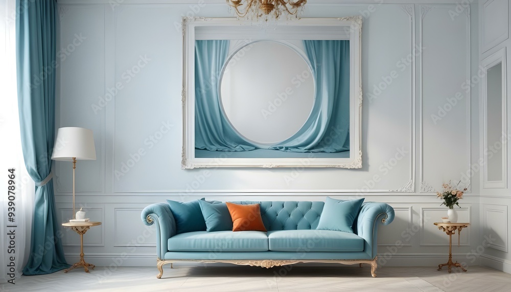 Interior mockup In a white room a blue sofa is placed next to a photo frame on the wall Interior mockup In a white room a blue sofa is placed next to a photo frame on the wall
