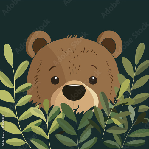 Cute brown bear face peeking through green leaves adorable woodland creature design element background illustration for kids wildlife nature themes photo