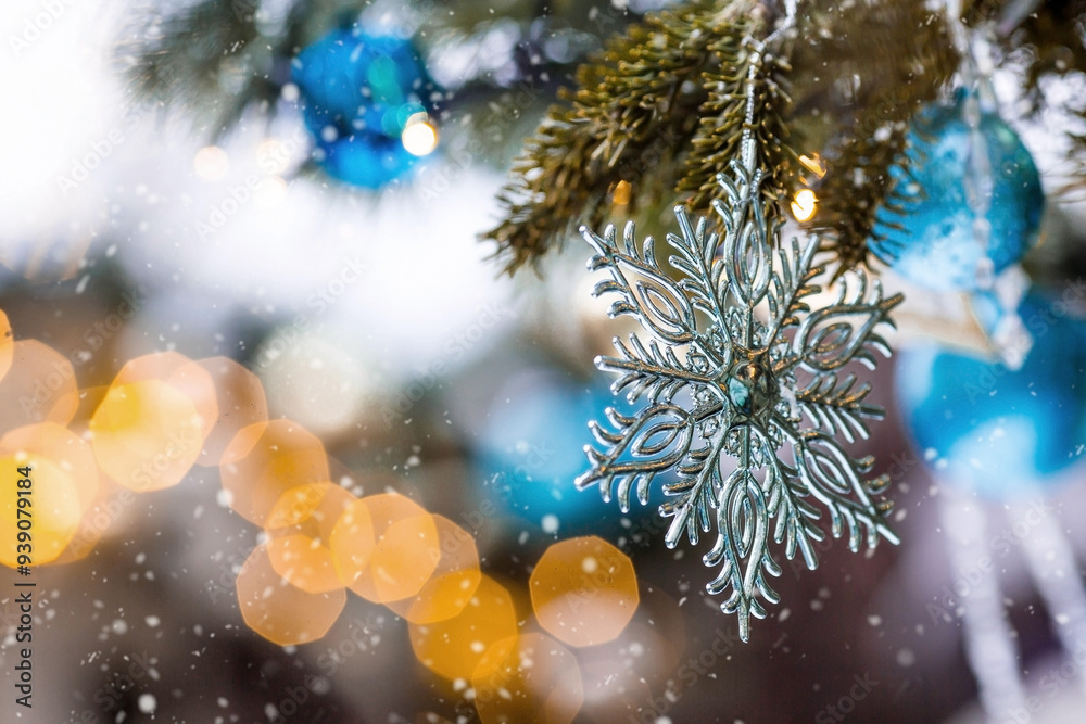 Beautiful festive snowflake decoration on the Christmas tree. Close-up. Beautiful Christmas background. The concept of decorations and decor for the new year. New Year's Card 2025 Beautiful festive snowflake decoration on the Christmas tree. Close-up. Beautiful Christmas background. The concept of decorations and decor for the new year. New Year's Card 2025