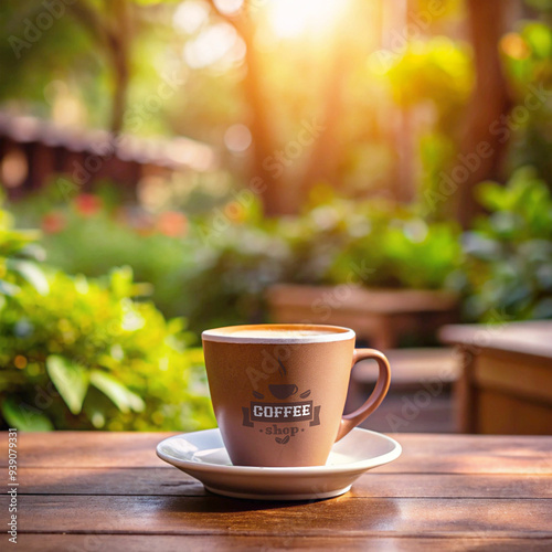 A cup of coffee on a table overlooking the garden at a cafe Seamless looping time-lapse 4k Pic Generated AI