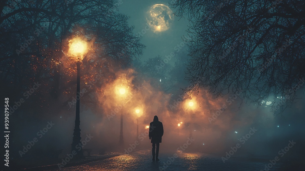 A man walks alone at night under streetlights in a foggy park with a full moon, perfect for Halloween themes and spooky designs, with copy space. A man walks alone at night under streetlights in a foggy park with a full moon, perfect for Halloween themes and spooky designs, with copy space.