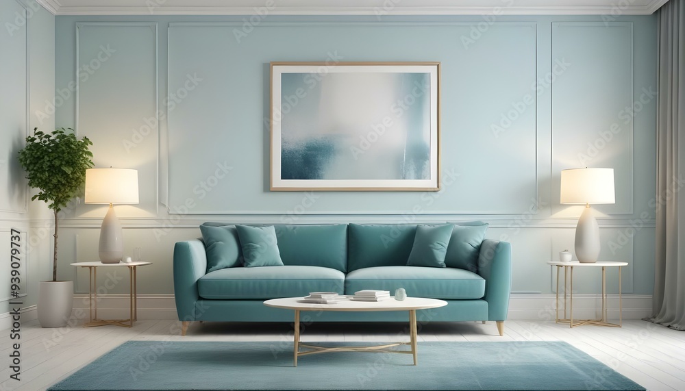 Interior mockup In a white room a blue sofa is placed next to a photo frame on the wall Interior mockup In a white room a blue sofa is placed next to a photo frame on the wall