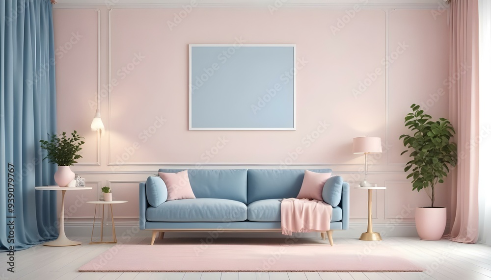 Interior mockup In a white room a blue sofa is placed next to a photo frame on the wall Interior mockup In a white room a blue sofa is placed next to a photo frame on the wall