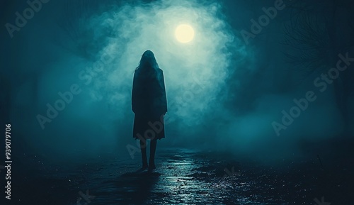 A haunting figure stands alone in a foggy night scene under a full moon, perfect for Halloween designs and eerie themes with copy space.