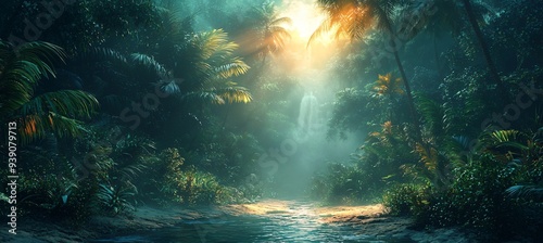 Mysterious tropical jungle scene with an ethereal light casting shadows, ideal for Halloween themes, eerie decorations, and atmospheric storytelling with copy space.