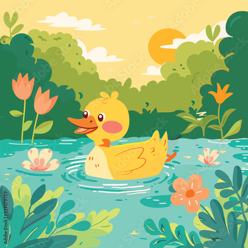Cute cartoon yellow duckling swimming in pond surrounded by flowers and green plants summer sunny day illustration children book wildlife animals nature fauna pond life aquatic bird duckling waterfowl
