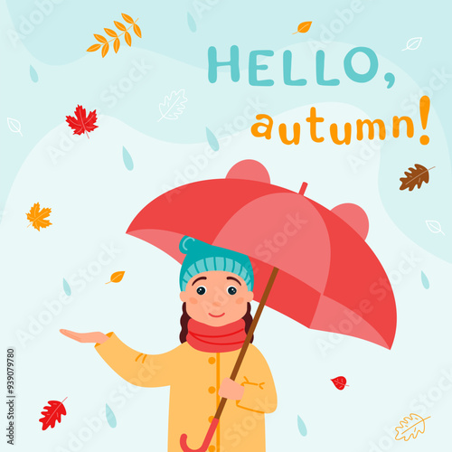 A joyful girl in autumn clothes hides under an umbrella from the rain and catches drops.