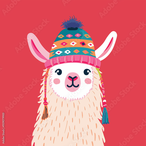 Cute Llama Alpaca Winter Hat Knit Beanie Warm Cozy Animal Illustration Design Graphic Clipart Isolated Festive Holiday Christmas New Year