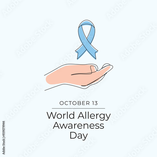 World Allergy Awareness Day vector design template good for celebration usage. World Allergy Awareness design. Blue ribbon. Continuous line drawing. eps 10.