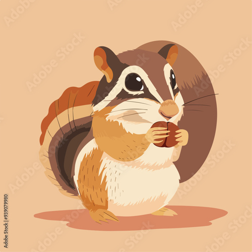 Cute Chipmunk Eating Nut Wildlife Illustration Cartoon Animal Rodent Mammal Nature Forest Woodland Brown Tail Bushy Adorable Happy Isolated Background Graphic Digital Art Icon Logo Sticker Design