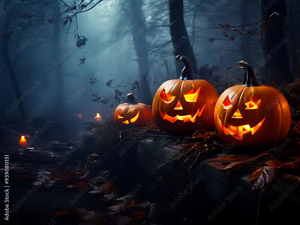 Halloween pumpkins in a spooky forest at night, mystical fog Halloween pumpkins in a spooky forest at night, mystical fog