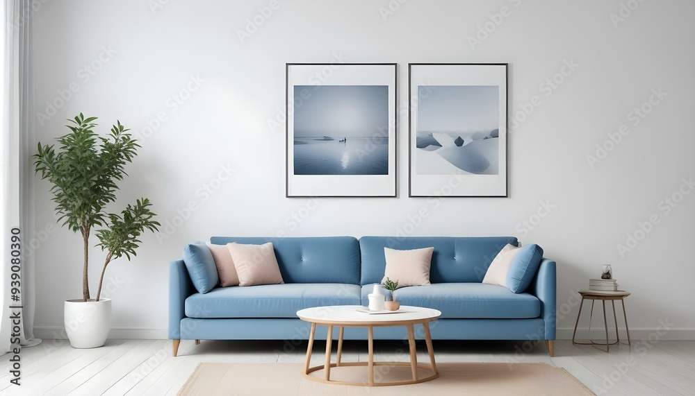 Interior mockup In a white room a blue sofa is placed next to a photo frame on the wall Interior mockup In a white room a blue sofa is placed next to a photo frame on the wall