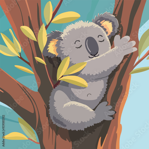 Cute koala sleeping wildlife illustration Australian animal eucalyptus tree cuddly marsupial adorable fauna nature design graphic drawing cartoon character isolated background