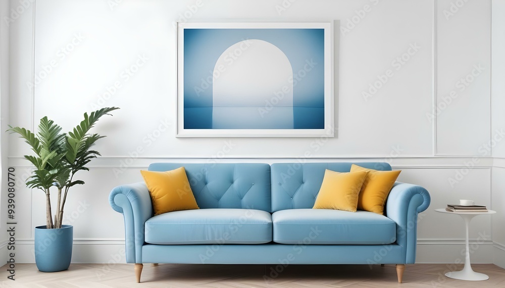 Interior mockup In a white room a blue sofa is placed next to a photo frame on the wall Interior mockup In a white room a blue sofa is placed next to a photo frame on the wall