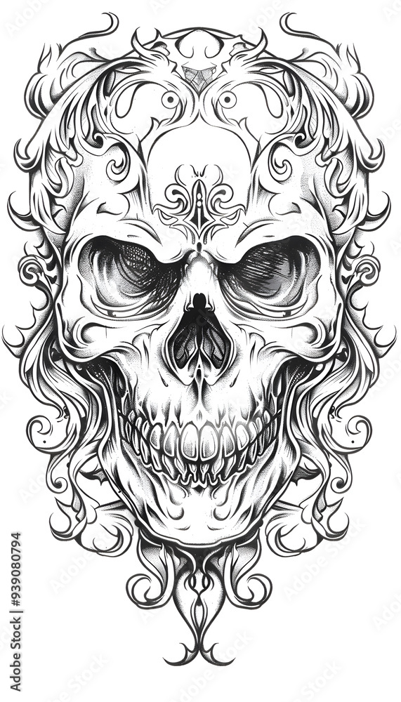 Tribal Skull and Filigree Design Tattoo black and white illustration Tribal Skull and Filigree Design Tattoo black and white illustration