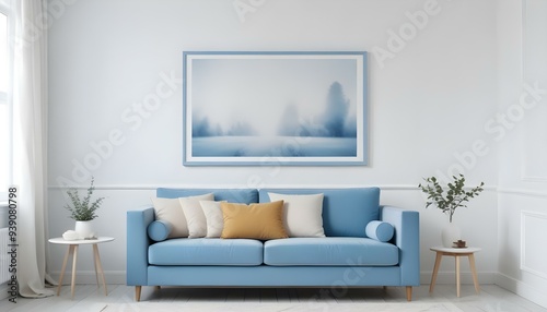 Interior mockup In a white room a blue sofa is placed next to a photo frame on the wall