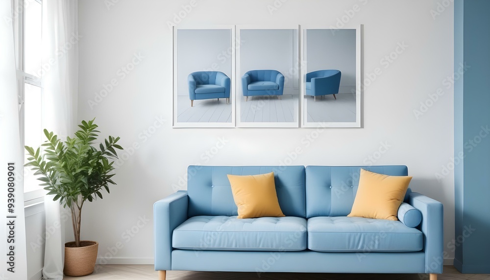 Interior mockup In a white room a blue sofa is placed next to a photo frame on the wall Interior mockup In a white room a blue sofa is placed next to a photo frame on the wall