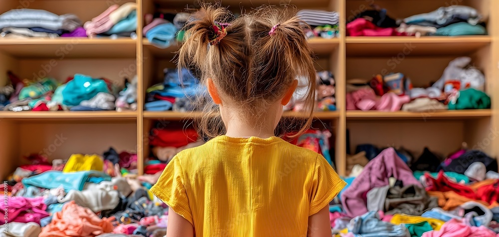 A child standing in front of a colorful pile of clothes, showcasing the chaos of a messy wardrobe in a playful room.