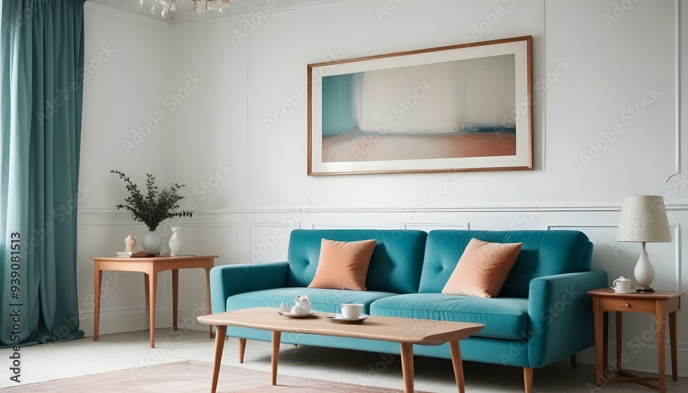 Interior mockup In a white room a blue sofa is placed next to a photo frame on the wall Interior mockup In a white room a blue sofa is placed next to a photo frame on the wall