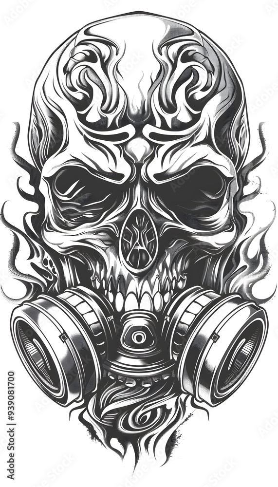 Tribal Skull and Gas Mask Tattoo black and white illustration Tribal Skull and Gas Mask Tattoo black and white illustration