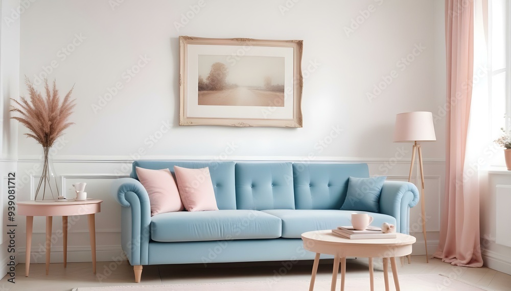 Interior mockup In a white room a blue sofa is placed next to a photo frame on the wall Interior mockup In a white room a blue sofa is placed next to a photo frame on the wall